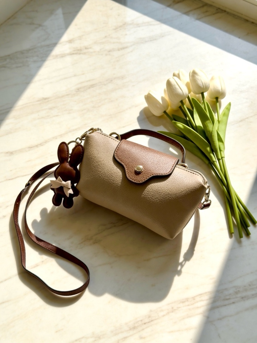Stella Tan Beige Mini Crossbody Bag w/ Brown Faux Leather Trim & Bunny Charm